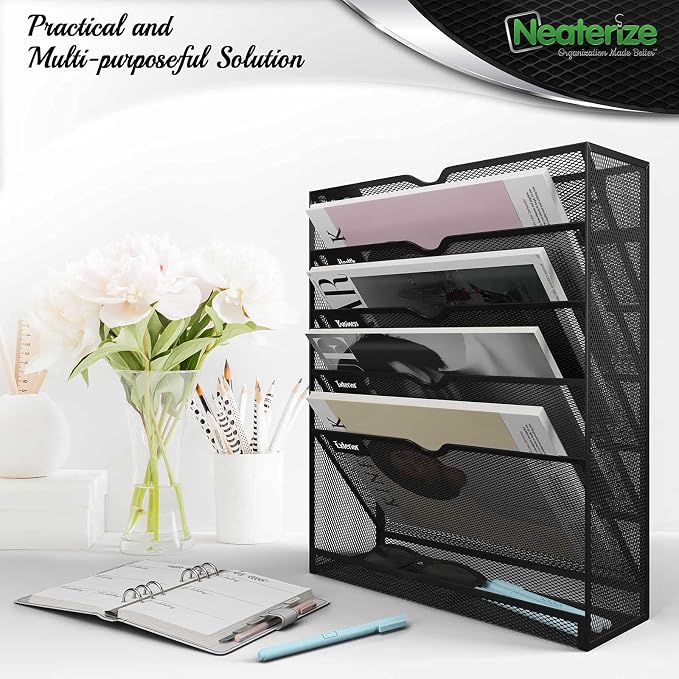 NEATERIZE Mail Organizer for Wall -Heavy-Duty Mesh Hanging File Organizer-Wall Organizer for Papers, Folders, Files Clipboard & Magazine Organization, Great for Home, Office Classroom or Doctor(Black) - Image 2