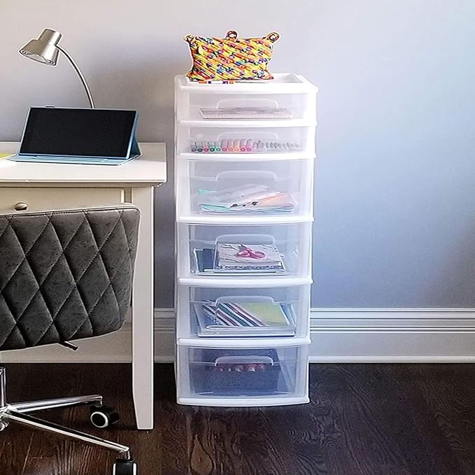 HOMZ 2-Pack Drawer Tower, 6-Tier Clear Plastic Storage Organizer Cart, White Frame - Heavy-Duty Organizing Drawers for Home, Bedroom, and Closet Organization - Image 5