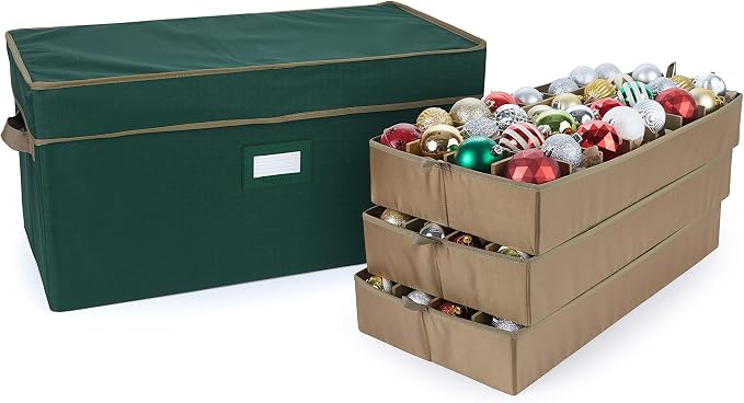 Covermates Keepsakes Adjustable Ornament Storage Box – Heavy-Duty Polyester, Padded Dividers & FlexGrid Trays – Protective Holiday Organizer with Stackable Walls & Label Window, Green by Covermates