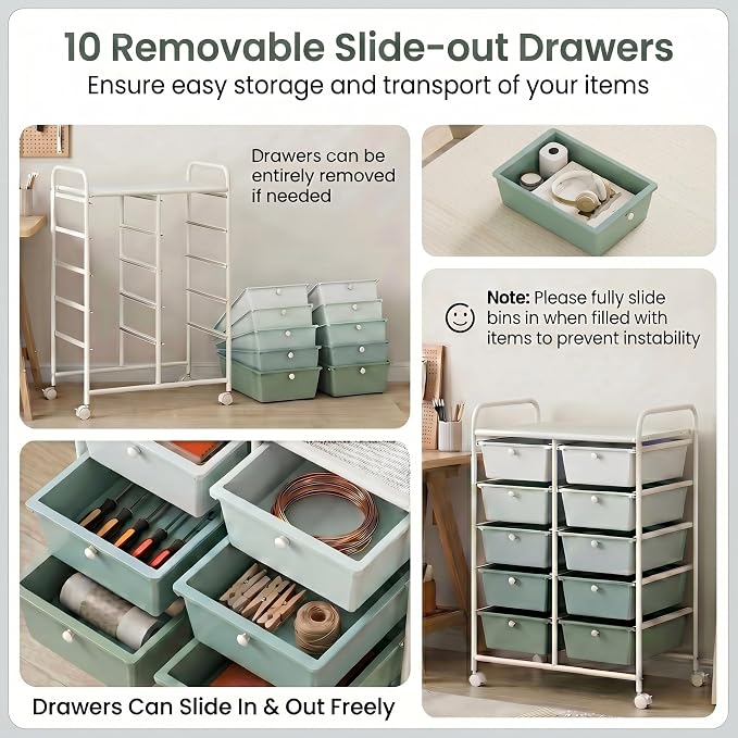 COSTWAY 10 Drawer Rolling Storage Cart, Utility Cart with Lockable Wheels | Mobile Art Supply Craft Organizer with Metal Frame, Multipurpose Drawer Cart for Paper for Office, School, Green Gradient - Image 6