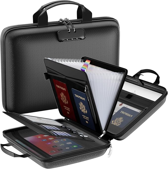 Tamfile Fireproof File Organizer with Lock,Hard Case Fireproof Document Box | 13 Transparent Pockets Accordion File Folder, Office Important Document Organizer for Letter A4 Files Laptop Passports, Black by Tamfile