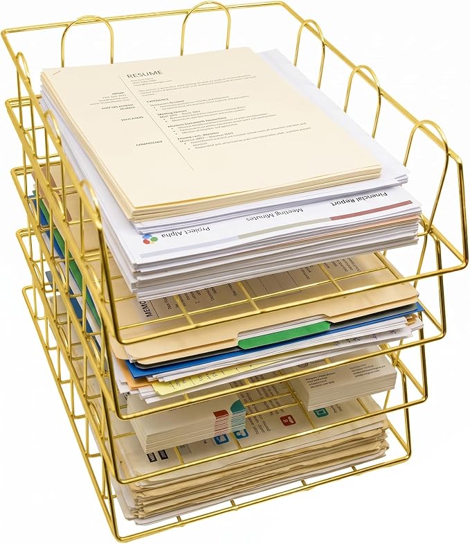 Gold Stackable W 9.75" X L 12" Desk Organizer Tray Set (4-Tier) by StephanieImports