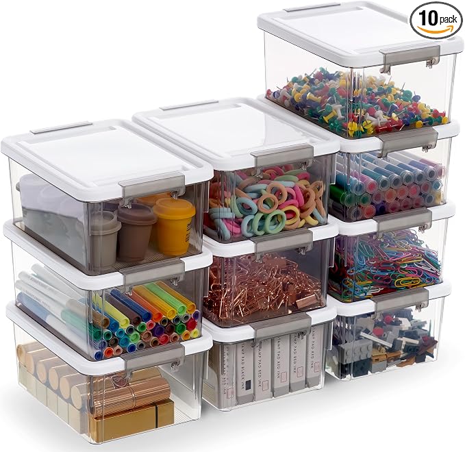 Citylife 1.32 QT 10 Pack Small Storage Bins Plastic Storage Container Stackable Box with Lids for Organizing, Clear Grey. | Plastic Containers for Beads, Buttons, Sewing Supplies, Office Supplies and Toys, Clear Grey 6.9"*5.1"*3.2" by CITYLIFEHomeOrganization