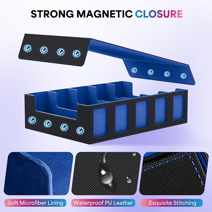 UAONO 5-Row Trading Card Storage Box with Commander Display, Black Blue | 3900+ Card Box with Removable Cover, Card Case Fits MTG TCG Sports Cards, 48 Dividers, 5 Stoppers, 5 Top Loaders, Dice Box - Image 5