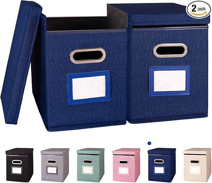 2 Pack Hanging File Folders Organizer with Lid, Letter Size Fabric File Storage Box Collapsible, Portable Office Document Holder with Metal Handle, Smooth PVC Rails, Blue by ComfortKeeper
