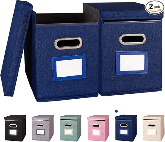 2 Pack Hanging File Folders Organizer with Lid, Letter Size Fabric File Storage Box Collapsible, Portable Office Document Holder with Metal Handle, Smooth PVC Rails, Blue by ComfortKeeper