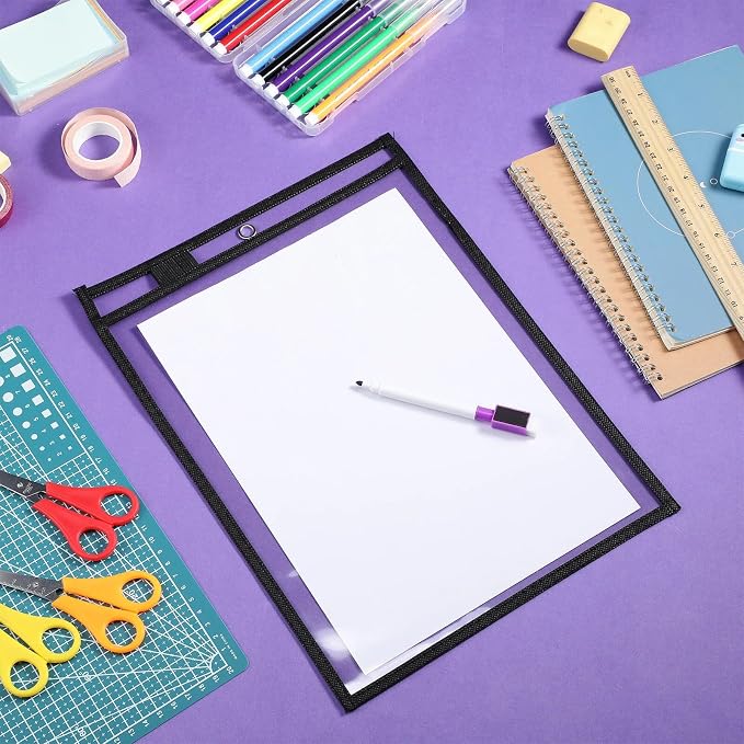 Nezyo Dry Erase Pockets Plastic Job Ticket Holders Shop Holder Order Pockets Clear Sleeves Tickets Folders Plastic Sleeves Paper Teacher Supplies for Classroom (10 x 14 in,Black,100 Pcs) - Image 4