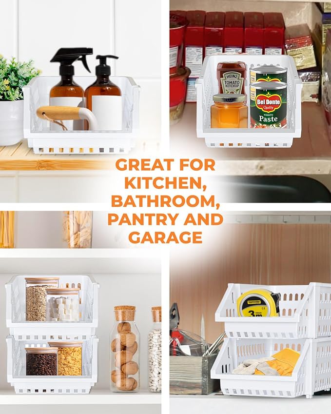 Small Stackable Storage Bins Open Front for Pantry Storage, 8 Pack - White | Sturdy Plastic, Easy Stacking, Open Front Access, Ventilated Sides, Vertical & Space Saving Pantry Organizers and Storage Bin - Image 7