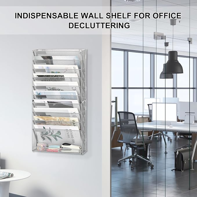 EasyPAG Wall File Holder 10 Tier Mesh Hanging Folder Organizer with Flat Tray Wall Mounted Mail Organizer Magazine Paper Desk Shelf with Nametag Label for Office Home School, Silver - Image 5
