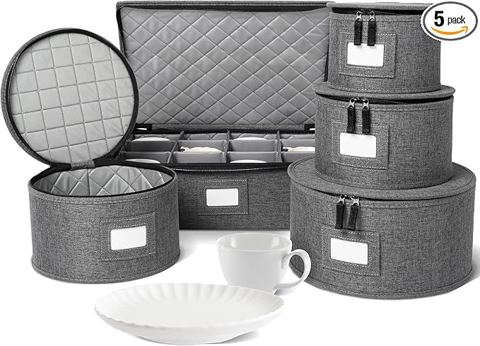 5-Piece China Storage Set | Plates & Mugs | Woven Linen | Gray | Full China Set For 12 - 4 Plate Cases + Mug Case, Zipper Closure. Hard Shell, Felt Dividers, Stackable, Top-Load. by storageLAB