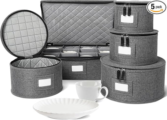 5-Piece China Storage Set | Plates & Mugs | Woven Linen | Gray | Full China Set For 12 - 4 Plate Cases + Mug Case, Zipper Closure. Hard Shell, Felt Dividers, Stackable, Top-Load. by storageLAB
