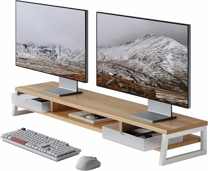 Fenge Dual Monitor Stand Riser, 42.5in Desk Shelf with 2 Drawers, Dark Oak | 2-Tier Monitor Shelf for Desk, Storage Drawer with Stopper, Frosted, fit Home Office, Ultrawide Screen, PC, Laptop, TV by Fenge