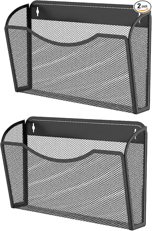 MINDEPOT Wall File Organizer, Hanging Wall File Holder, 2 Pack, Black | Heavy Duty Iron, Metal Mesh Wall Mount, Single Pocket, Mail Organizer, for Office School Classroom Home, Letter A4 Size by MINDEPOT