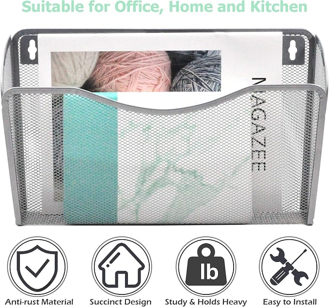 3 Single Pocket Mesh Hanging File Organizer, Vertical Wall Mounted Magazine File Holder, Mount Basket Mail Paper Document Folder Organizing for Office, Home and School, Silver - Image 5