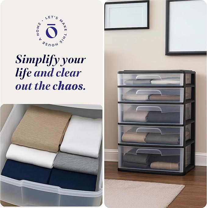 HOMZ Drawer Tower, 5-Tier Storage Organizer Unit, Black Frame | Extra-Wide Plastic Organizer with Clear Bin Drawers for Bedroom, Bathroom, Home Office, and Dorm Rooms - Image 6