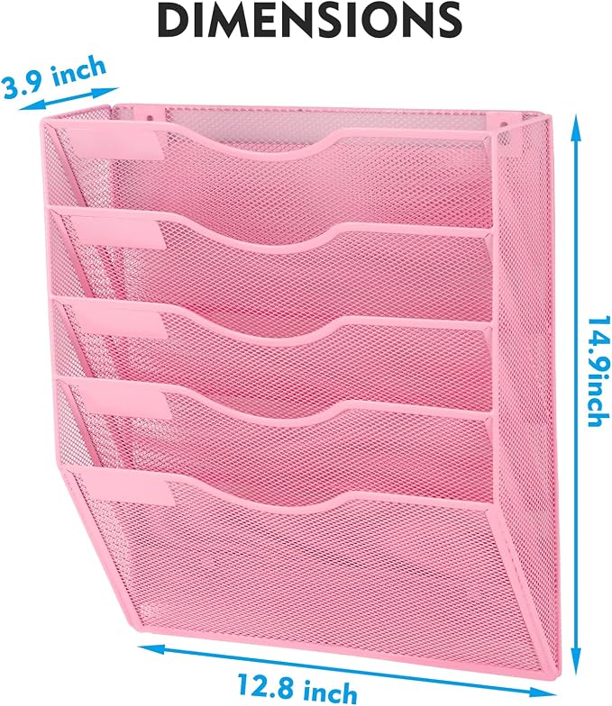 Magnetic 5 Pocket Mesh Hanging File Organizer, Wall Mounted Mail Paper Document Folder Holder, Clipboard Storage Organization Magazine Rack with Nametag Label for Office Home School, Pink - Image 3
