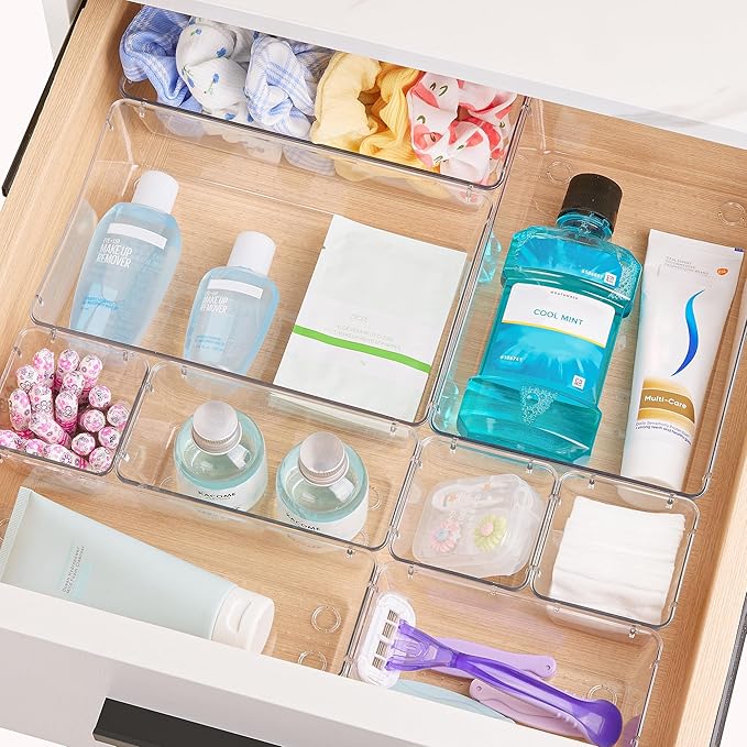 Vtopmart 72 PCS Clear Plastic Drawer Organizers Set, 4-Size Versatile Bathroom and Vanity Organizer Trays, Non-Slip Storage Containers for Makeup, Jewelries, Bedroom，Kitchen Utensils and Office | 4-Size Versatile Makeup Organizer, Non-Slip Storage Cont... - Image 4