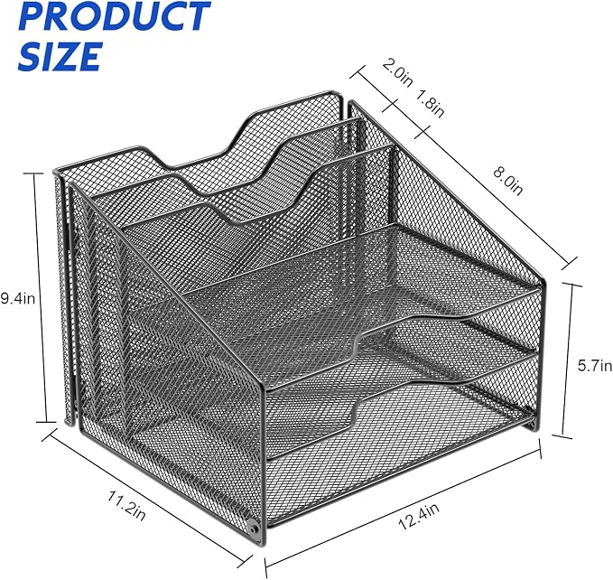 Samstar Desk File Organizer, Mesh Letter File Folder Holder with 3 Paper Trays and 2 Vertical Upright Section, for Office Supplies,Desk Accessories & Workspace,Black. - Image 6