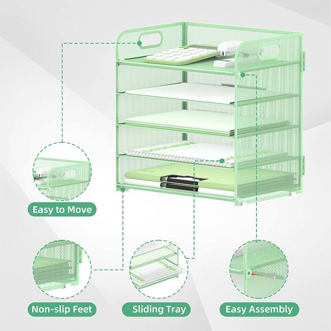 5 Trays Paper Organizer Letter Tray with Handle-Mesh Desk File Holders, Paper Sorter Desk Organizer for Office, Home, Classroom or School(Mint Green) - Image 3