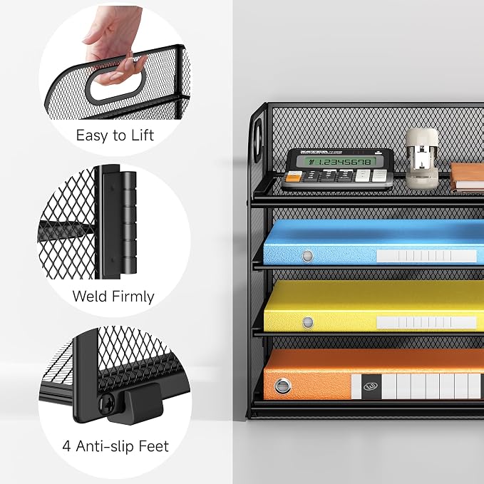 Lavatino Paper Organizer for Desk, 4-Tier Desk Organizer Tray, Mesh Desktop File Organizers with Handle, Office Classroom Organization and Storage-Black - Image 3