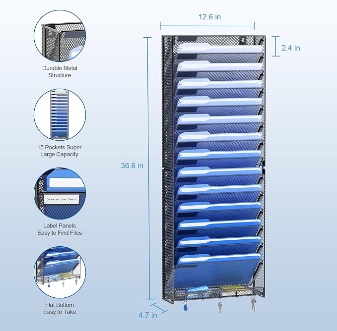 OUTWOLF 15 Tier Wall File Organizer with Hooks, Hanging Wall File Holder Wall Mount Paper Folder Organizer for Office, Magazine Rack - Image 3