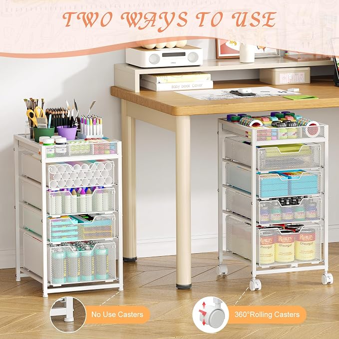 Rolling Utility Cart with 4 Drawers, Craft Organizer and Storage Carts with DIY Divider, Lockable Wheels Storage Organizer for Art Supplies, Store for Brushes & Paints & Artifacts, White - Image 4