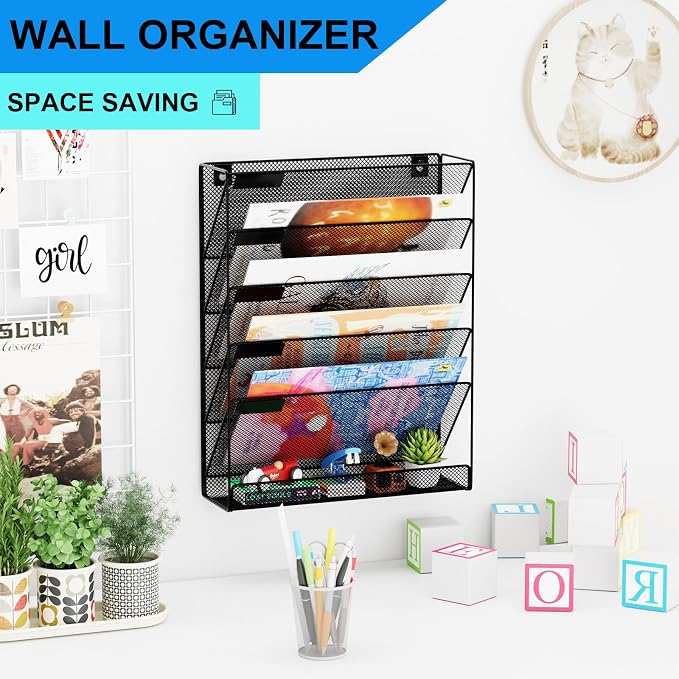 Wall File Organizer Holder Mesh Hanging Paper Document Holder,Vertical 6 Pocket Tier for Office Home, Black - Image 2