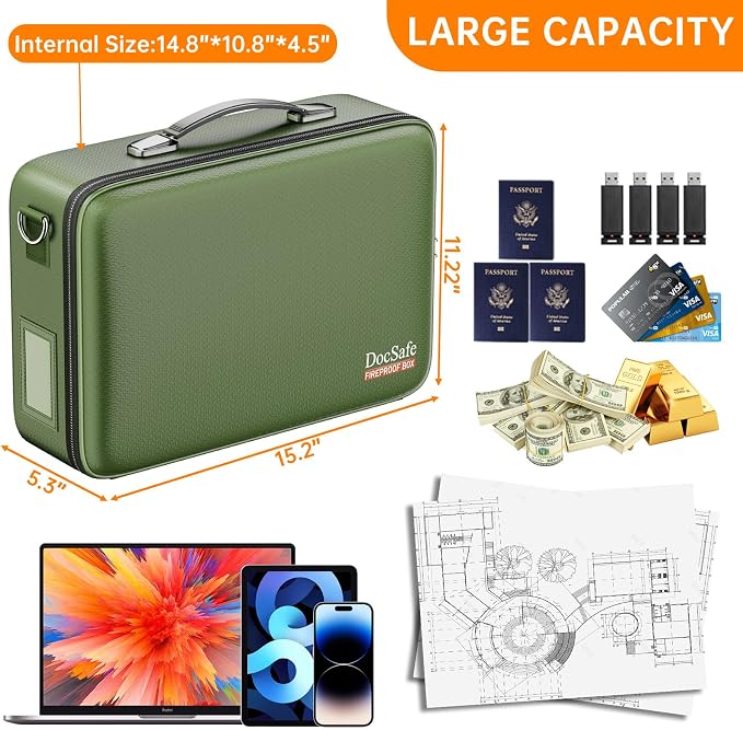 DocSafe Fireproof Document Box Hard Case with Lock ＆ Accordion File Folder | Fire and Water Resistant Safe Box,File Organizer,Multi-Pocket,Home Office Travel Storage for Important Document,Laptop,Green - Image 5