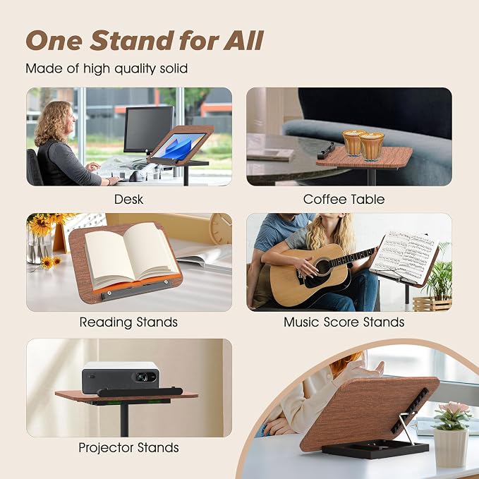 2 in 1 Adjustable Music Stand for Sheet Music, Dual Use Desktop and Floor, Book Stand with Tray & Elastic Page Clips for Music Sheet, Recipe, Tablet, Laptop Height Adjustable 23.5-52 in (Walnut) - Image 5