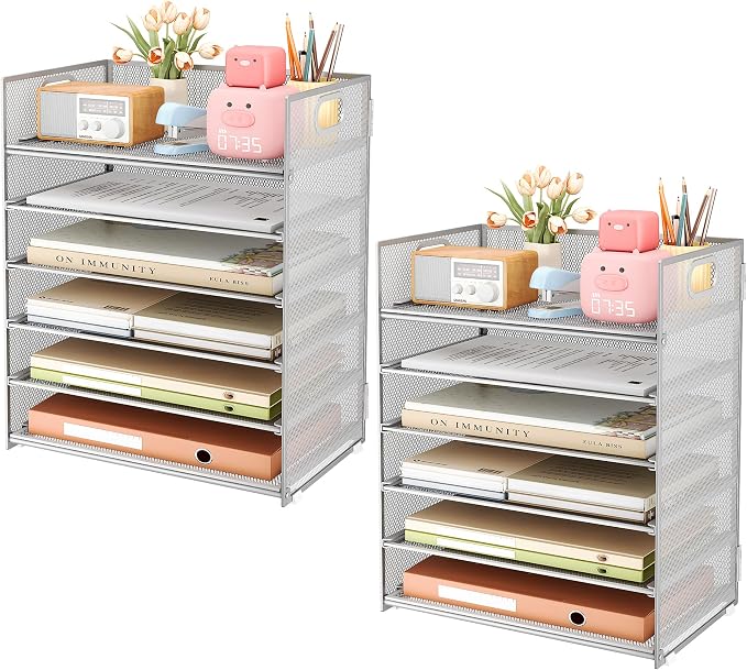 Subekyu 6-Tier Desk Paper Organizer, Desktop File Letter Tray with Handle, Document Sorter and Accessories Holder for Office, Home and School Workspace Organizers, Silver - 2 Pack by SUBEKYU