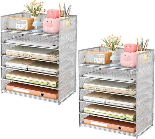 Subekyu 6-Tier Desk Paper Organizer, Desktop File Letter Tray with Handle, Document Sorter and Accessories Holder for Office, Home and School Workspace Organizers, Silver - 2 Pack by SUBEKYU