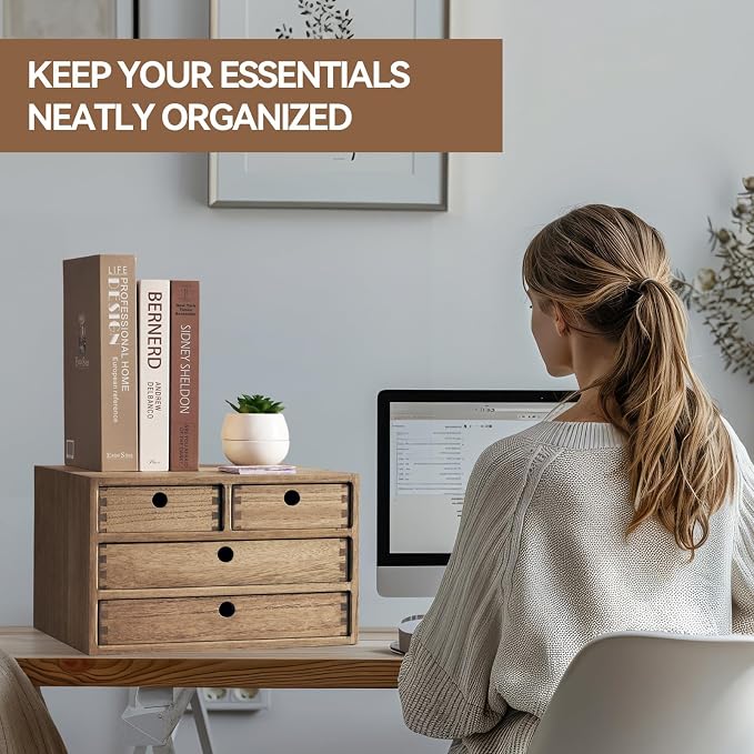 KIRIGEN Wood Desk Organizer with 4 Drawers, Desktop Storage, Brown 34-DBR | 3-Tier Solid Wood Cabinet Holds Letter-Size Paper, Mail, Makeup, Crafts, and Home Office Supplies, Fully Assembled - Image 2
