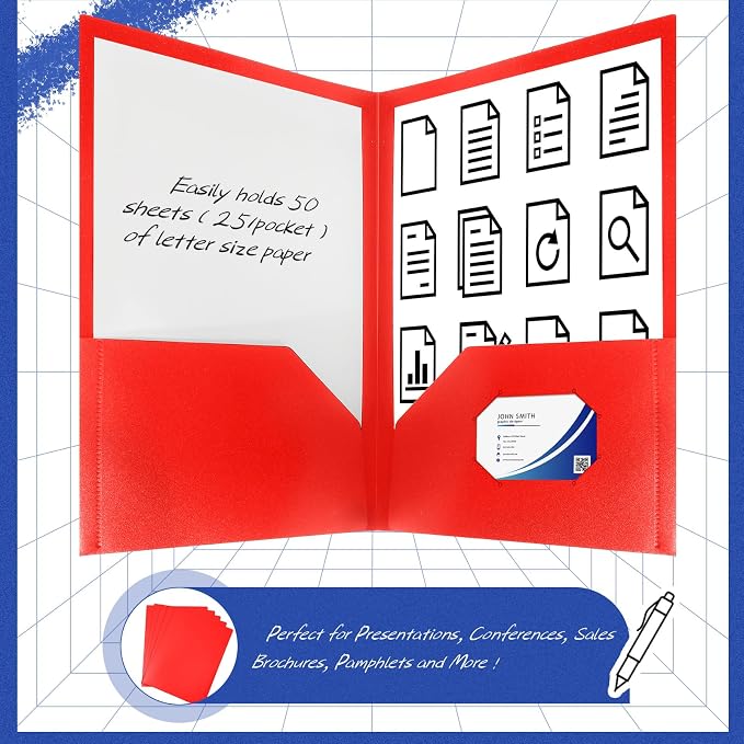 Patelai 50 Pack Plastic Folders with Pocket Bulk 2 Pocket Heavy Duty Letter Size Folders Business Card Holder for School Office File(Red Color) - Image 3