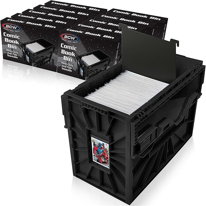 BCW Short Comic Book Bin | Holds 150 Comics | Stackable Plastic Storage | Acid-Free Organizer | Black, 10 Pack by BCW