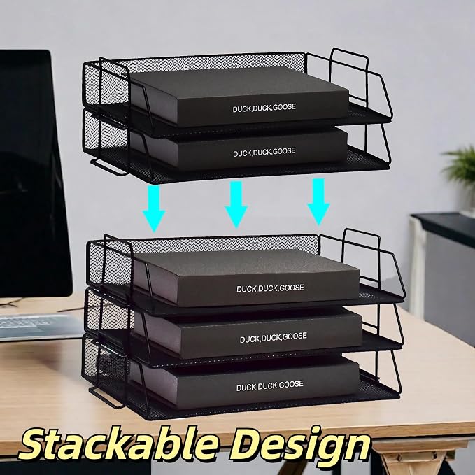 YFS A4 Mesh Letter File Folder Holder, Paper Organizer Letter Tray with Handle, 4 Tier Stackable Letter Tray, Document Organizer, Office Decor (A4,Horizontal,White, 4 Tier) - Image 3