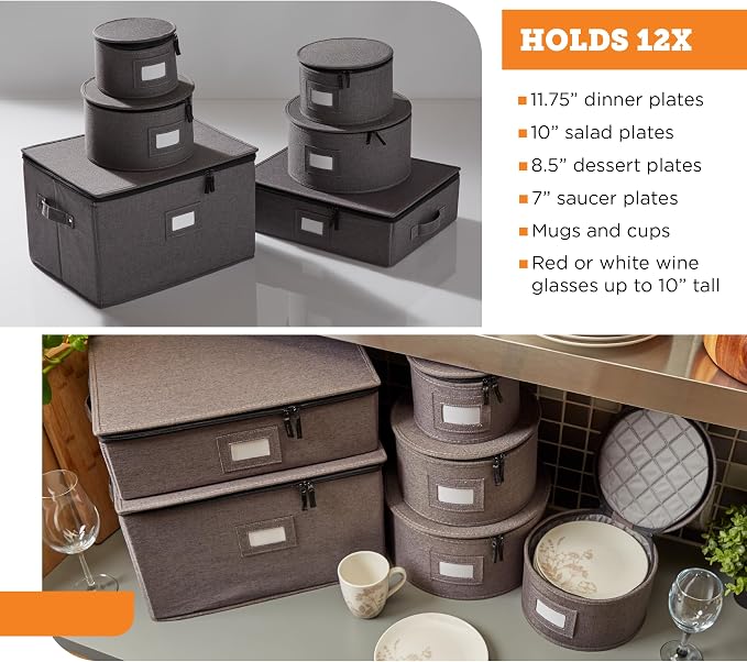 6-Piece China Storage Set | Plates, Mugs & Wine Glasses | Gray | Most Complete Set - Plates, Mugs & Wine Glasses For 12. Hard Shell, Felt-Lined, Stackable. Full China System In One. - Image 3