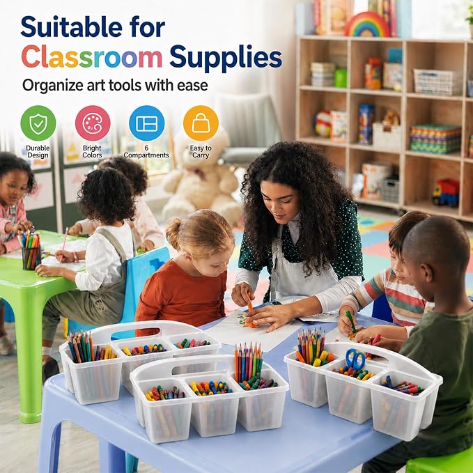 6 Pack Assorted Colors 6 Compartment Classroom Caddy with Handle Portable Plastic Storage Classroom Caddies Organizer for Classrooms Supply Teacher Office Table Desk(Clear) - Image 5