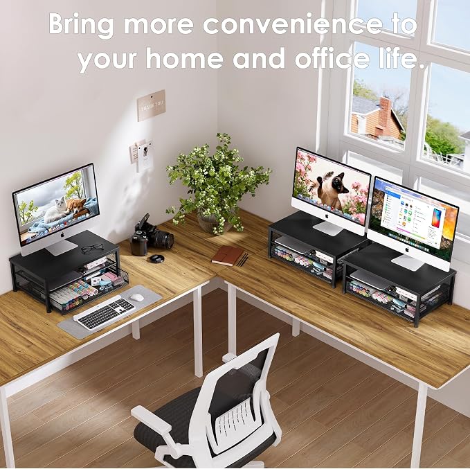 Computer Monitor Stand Riser, Desk Organizer with Drawer, Printer & Laptop Stand, Office Desk Accessories & Workspace Desktop Organizers Storage for Office Supplies(Black 2-Pack) - Image 6