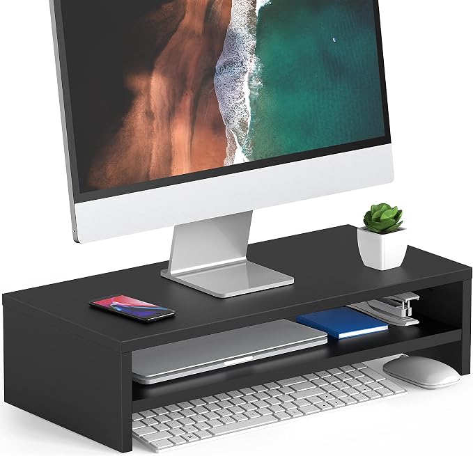 FITUEYES Wooden Monitor Stand Riser, 2-Tier Desk Storage Shelf, Black | 21.3-Inch Desktop Organizer Fits Laptop, Computer Screen and Office Supplies by FITUEYES