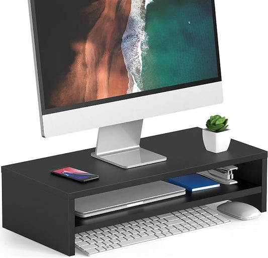 FITUEYES Wooden Monitor Stand Riser, 2-Tier Desk Storage Shelf, Black | 21.3-Inch Desktop Organizer Fits Laptop, Computer Screen and Office Supplies by FITUEYES