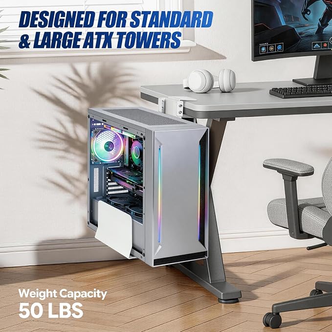 Adjustable Under Desk PC Mount, Heavy Duty No Drilling Clamp Mount on Desk Fits Most PC Tower 14.5”-22.4” (H) , Thickened & Ultra Strong CPU Holder for Standing Desk & Home Office, White - Image 2