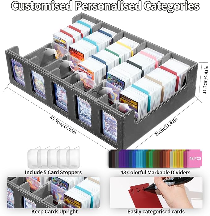 Trading Card Storage Box with Commander Display, 5-Row Deck Case with Removable Lid, 3900+ Cards Deck Case with 48 Colorful Dividers, Magic Card Organizer for TCG PTCG, Black Grey - Image 2