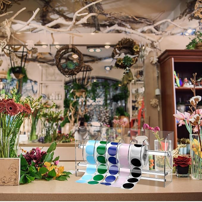 Qilery Adjustable Label Dispenser Acrylic Roll Sticker Dispenser Sticker Holder Organizer Label Stand for Holding Office Home Journal Business Use(9 Disks) - Image 7
