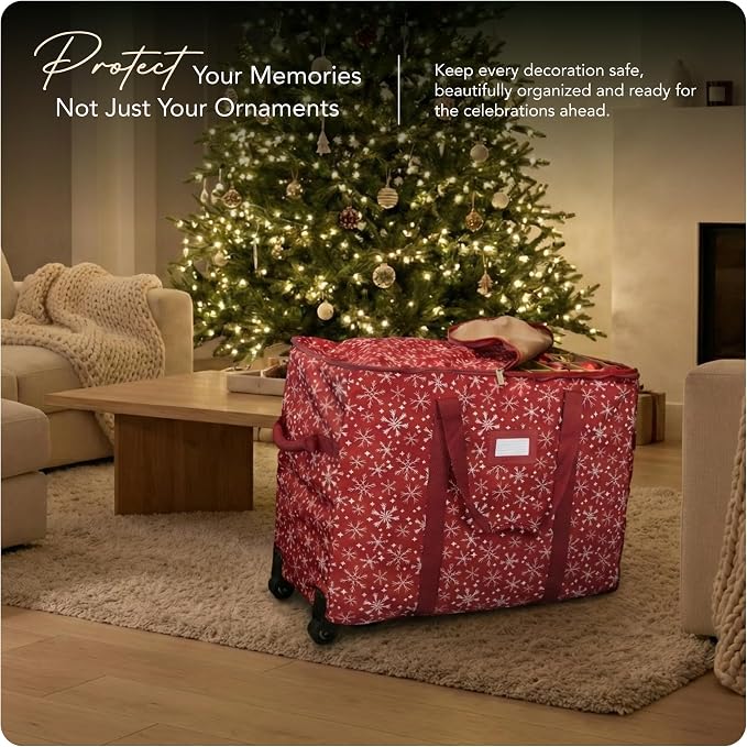 Covermates Keepsakes Rolling Adjustable Ornament Storage Bag – Heavy-Duty Polyester, FlexGrid Trays & Padded Dividers – Protective Holiday Organizer with Wheels, Handles & ID Window, Red Snowflake - Image 2