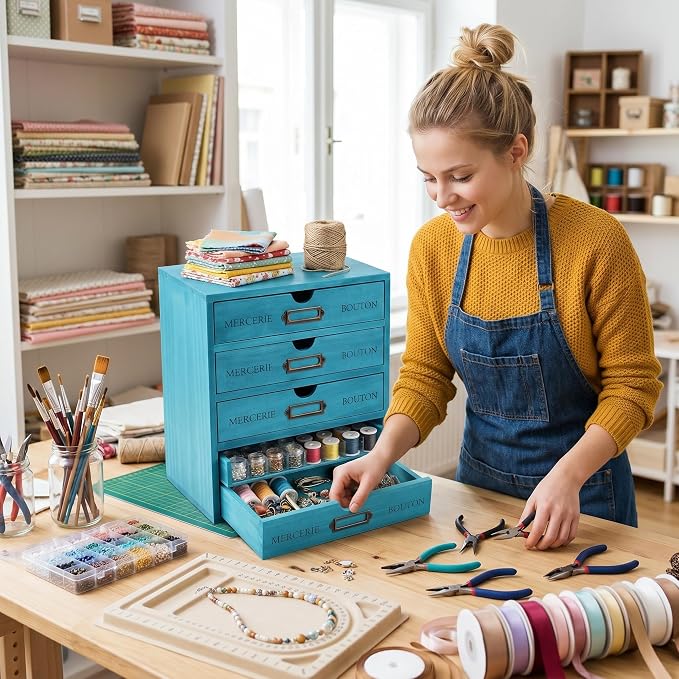 Wesiti 5-drawer Wooden Desk Organizer Blue, Embroidery Floss Thread Organizer Storage, Cottagecore Craft Room Box with Drawers for Art Supplies, Jewelry, Apothecary Cabinet, Stackable - Image 6