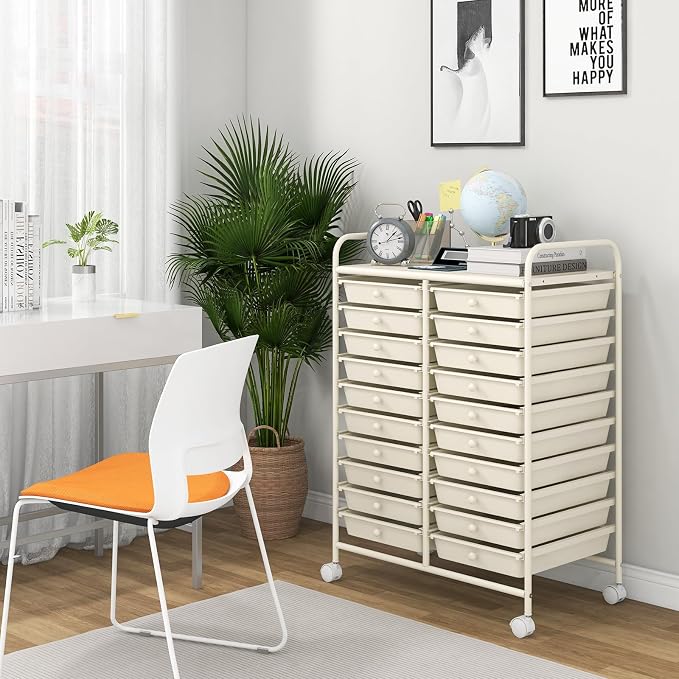Giantex 20 Drawers Rolling Cart, Mobile Storage Drawer Cart, Classroom Organizer for Office School Supplies Tools Scrapbook Paper Craft Small Printer, Utility Stand on Wheels, Ivory White - Image 9