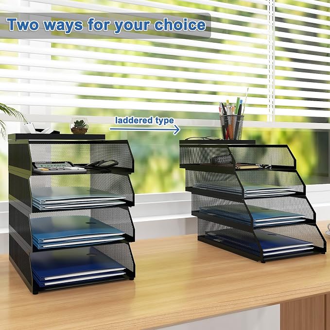 Natwind 4-Tier Stackable Metal Mesh Desk Paper Tray Organizer,Black | Desktop Accessories for Office Supplies, Letter Tray For Paper Storage ,File Document Holder For Home School Classroom - Image 5