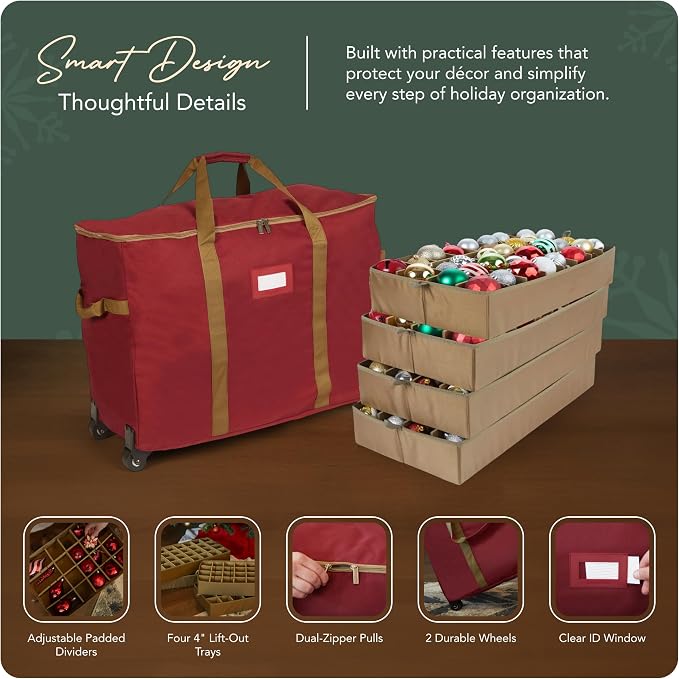 Covermates Keepsakes Rolling Adjustable Ornament Storage Bag – Heavy-Duty Polyester, FlexGrid Trays & Padded Dividers – Protective Holiday Organizer with Wheels, Handles & ID Window, Red - Image 4