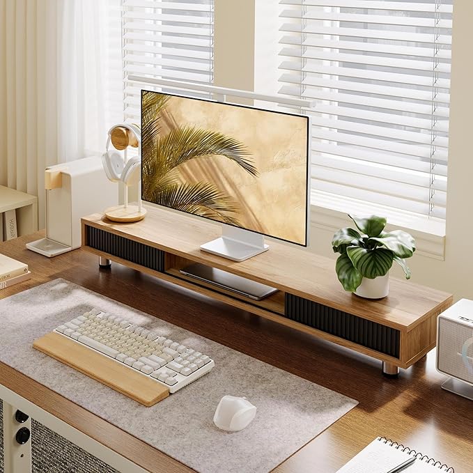 Fenge Dual Monitor Stand with Storage, Desk Shelf with Glass Sliding Door | Ergonomic Height Adjustment, 42.5in Monitor Shelf, 2-Tier Monitor Riser, Desk Organizer for Screen, PC, Laptop, Dark Oak - Image 5