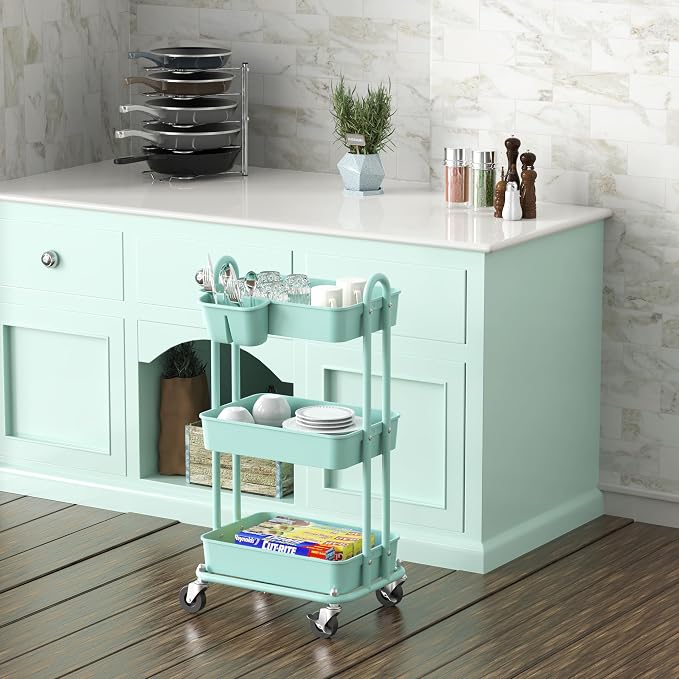 Simple Houseware 3-Tier Rolling Utility Cart with Hanging Bucket, Turquoise | Storage for Bathroom, Kitchen, Office, Study Room, Nursery Diaper - Image 5